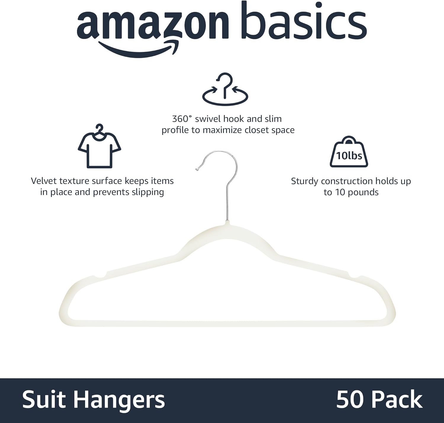 Amazon Basics Slim. Velvet. Non-Slip Sturdy Clothes Hangers. 50-Pack. Ivory/Silver