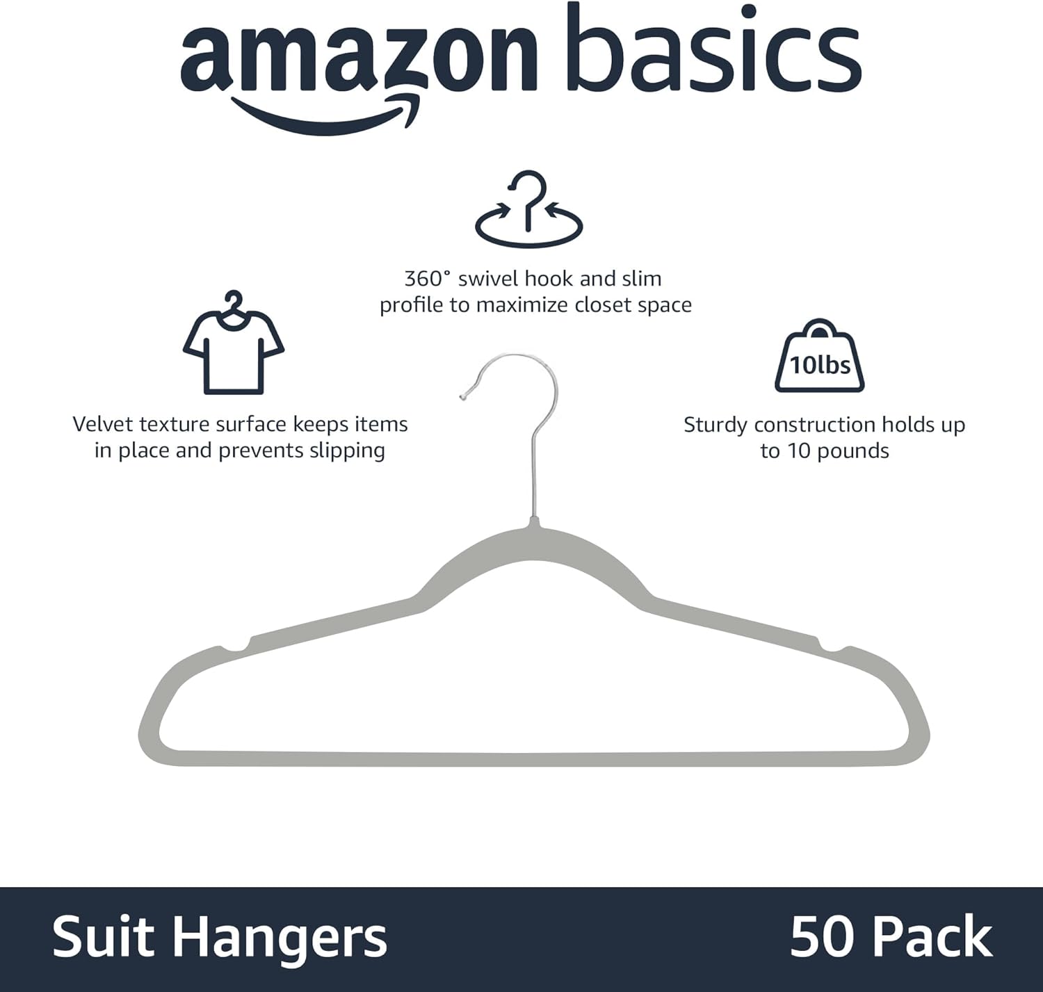 Amazon Basics Slim. Velvet. Non-Slip Suit Clothes Hangers. Gray/Silver - Pack of 50