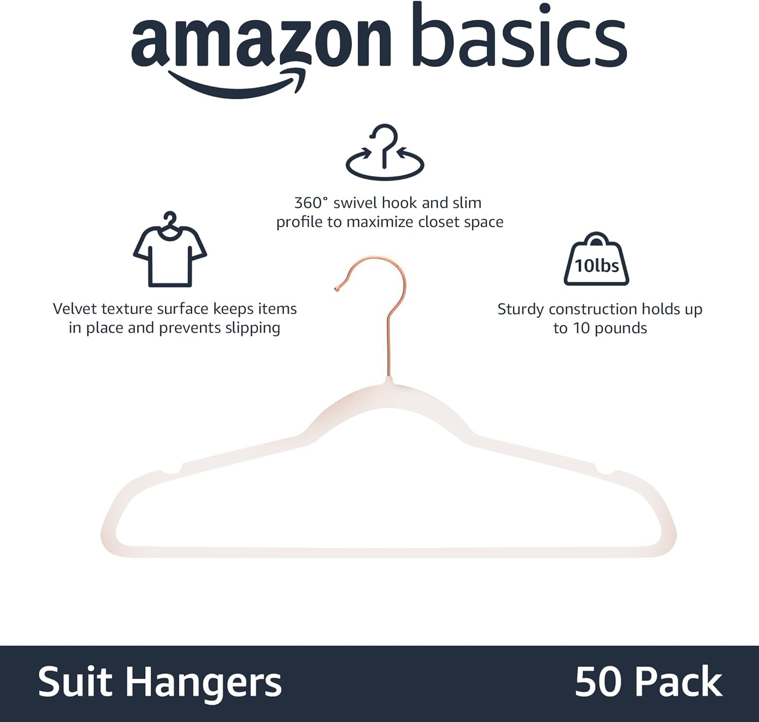 Amazon Basics Slim Velvet. Non-Slip Suit Clothes Hangers. Pack of 50. Blush Pink/Rose Gold