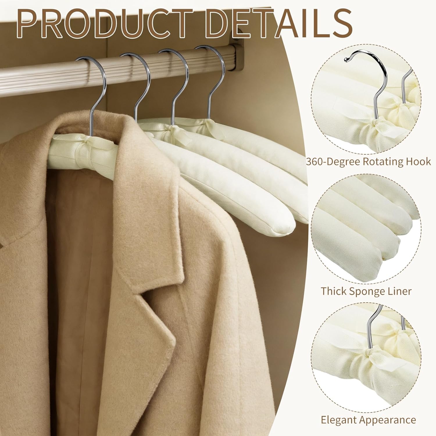 10 Pack Anti Slip Padded Hangers. 17 Inch Beige Cushioned Hangers with Sponge Shoulder Pads for Coat. Sweater and Wedding Dress